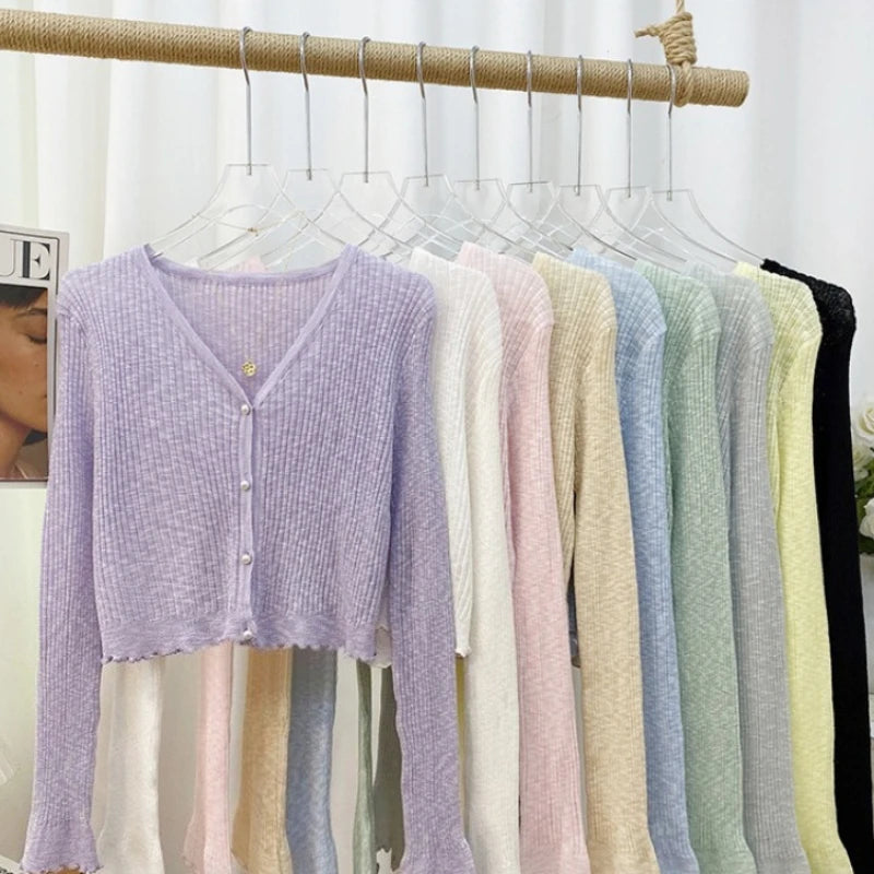2026 Spring Summer Gentle Ruffle Trim Long Sleeve Ice Silk Sunscreen Knitted Cardigan Women Short Pearl Button Thin Casual Coat