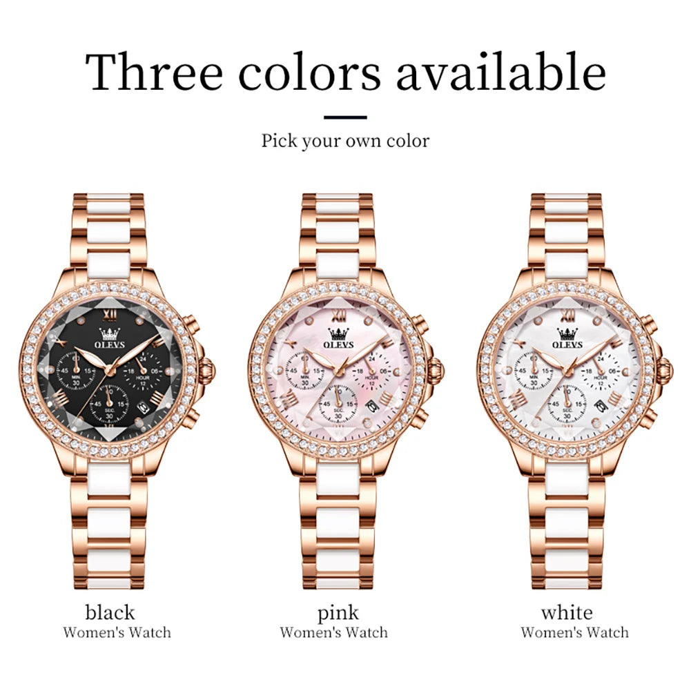 OLEVS Diamond Quartz Watch for Women Luxury Elegant Ceramics Strap Rhombic Mirror Ladies Wristwatch Waterproof Chronograph Clock