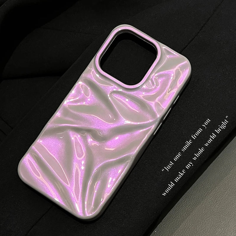 Fashion Dazzling Purple Glossy Wrinkled Texture Case For iPhone 16 Pro Max 17 15 14 Plus 13 12 11 Soft Phone Back Cover Shell