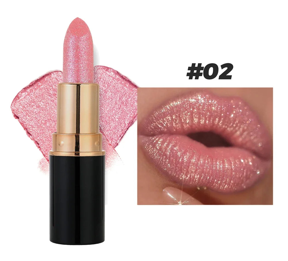 Black Tube Shiny Diamond Lipstick Pearl Moisturizing Glitter Lip Tint Balm Waterproof  Lasting Lip Gloss Shimmer Sexy Lip Makeup
