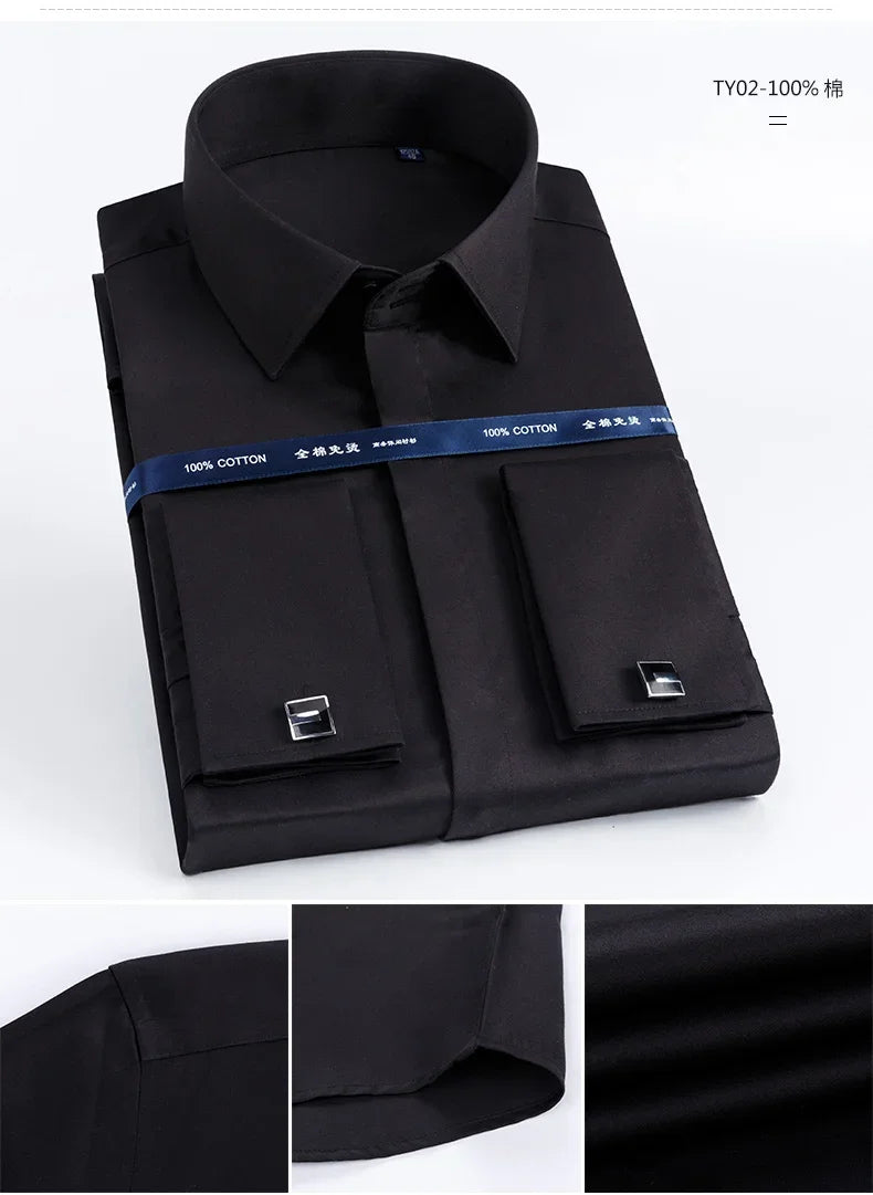 2026 Iron Free French Cufflink Long Sleeves Slim Fit 100% Cotton  Men's Concealed Buttons Solid Color High-end Wedding Dress