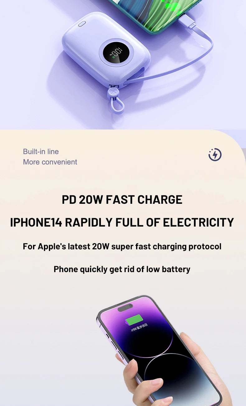 PD22.5W power bank, bidirectional fast charging with 10000mAh cable, large capacity mobile power bank mini ultra-thin power bank