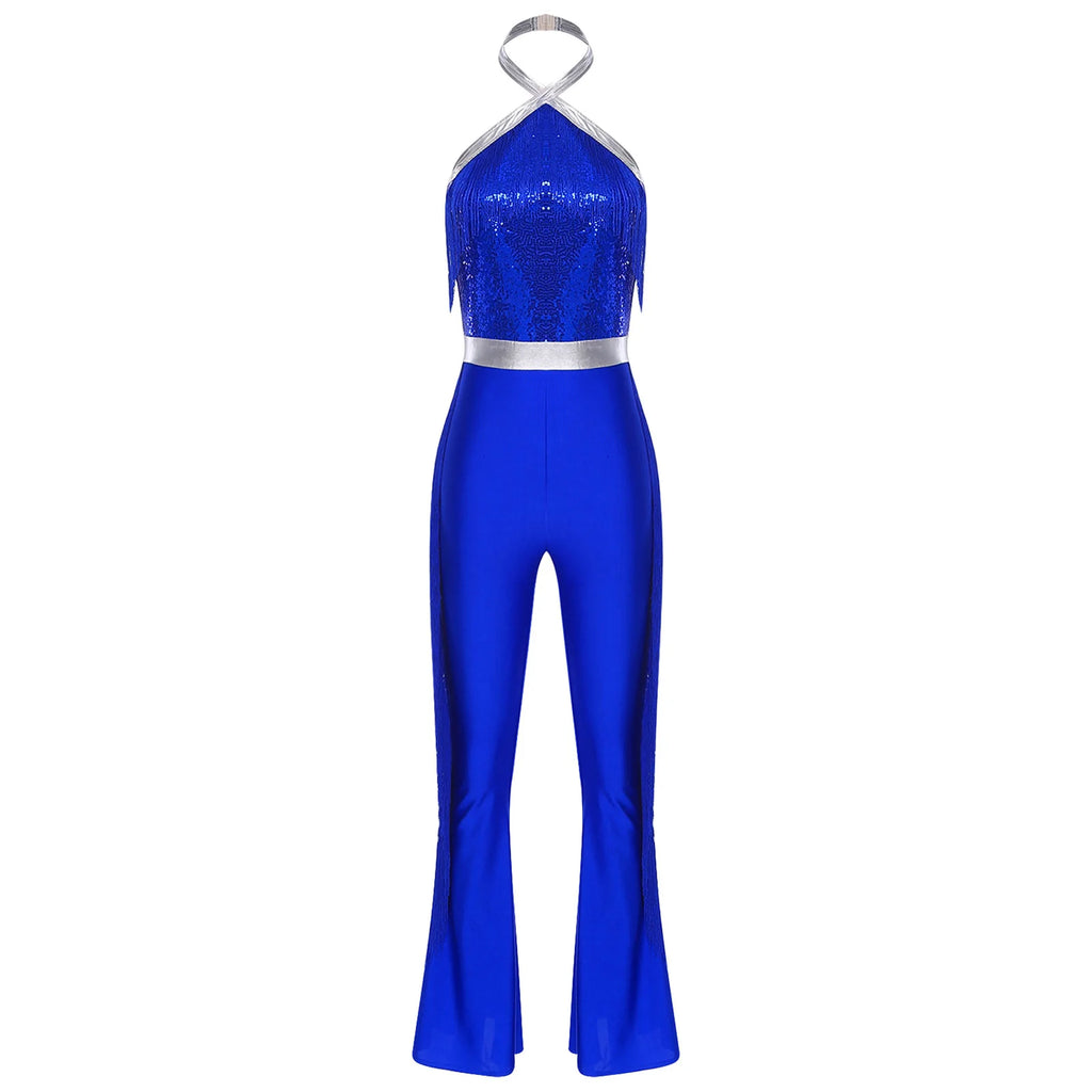 Womens 70s Disco Party Jumpsuit Halter Shiny Sequins Tassel Flared Pants Latin Jazz Dance Rompers Rave Festival Prom Clubwear