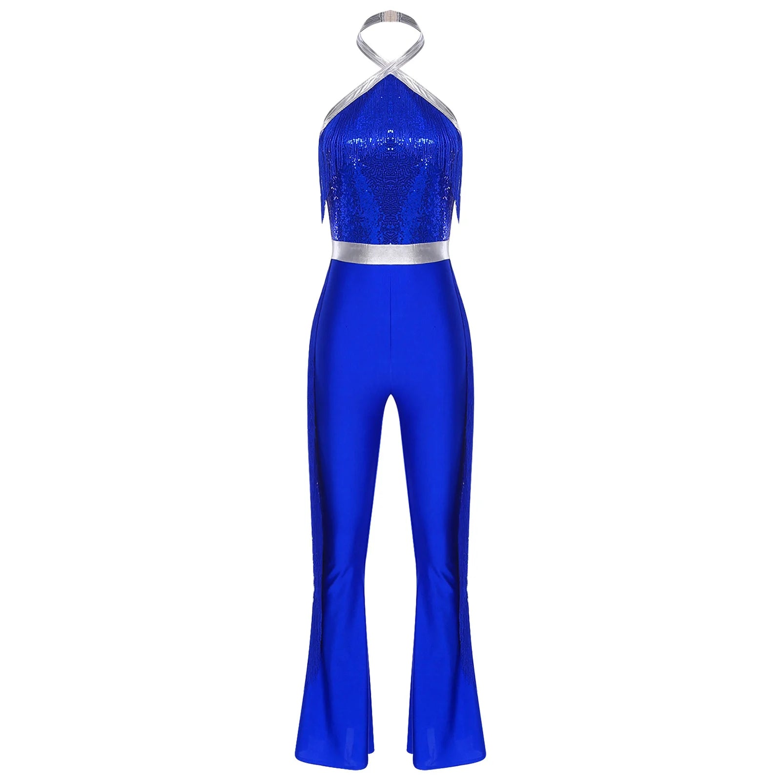 Womens 70s Disco Party Jumpsuit Halter Shiny Sequins Tassel Flared Pants Latin Jazz Dance Rompers Rave Festival Prom Clubwear