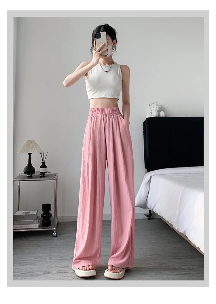 BIVIGAOS Lazy Style Loose Wide Leg Pants Women Summer Coloured Thin Casual Tide Straight Ice Silk Japanese Sunscreen Pants