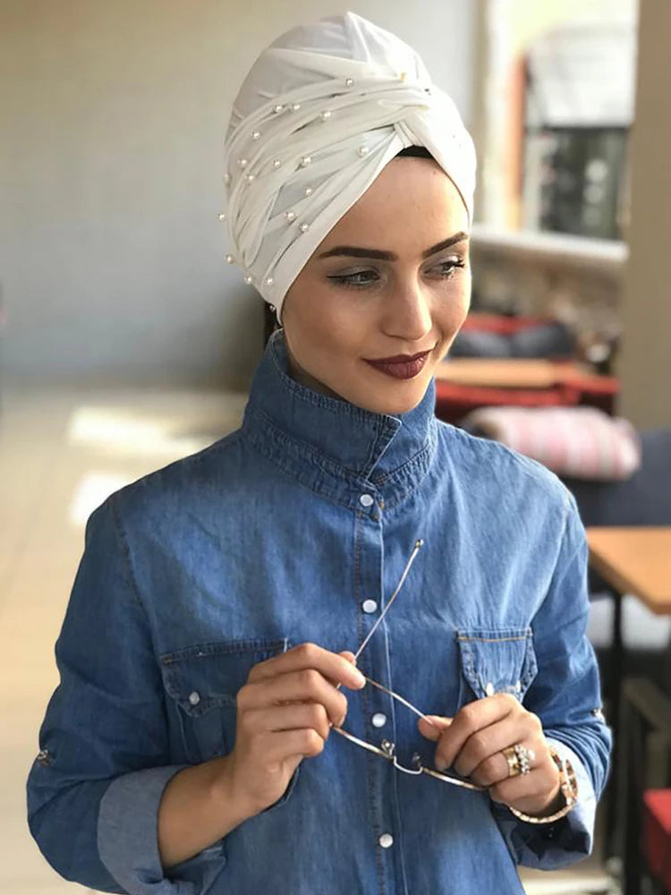 Plain Instant Turban Hat Solid Inner Hijabs Caps Women Pearl Decoration Head Wrap Headband