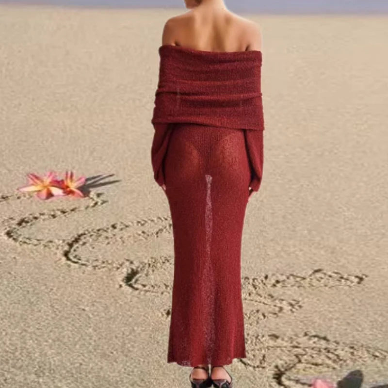 Fashion Style Knitted One-Shoulder See-Through Beachwear Cover Up Women's Beach Vacation Sunscreen Dress Elegant Long Dress