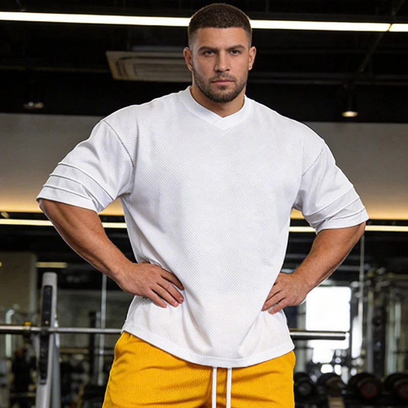 Oversized  Dropped Shoulders Half Sleeve T-shirts Mens Summer Big Mesh Quick Dry Sports Clothing Gym Fitness Workout T Shirts