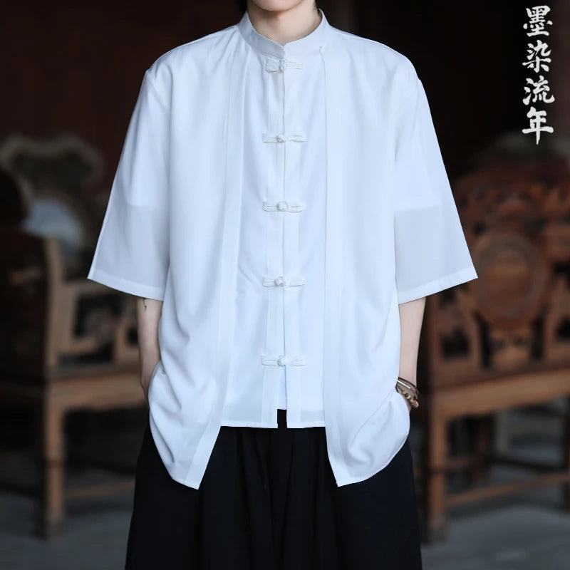 Chinese Shirt Men Ice Silk Chinese Style Comfortable Breathable Retro Shirt  Men Casual Summer Loose Fit Fashion Solid Color Top