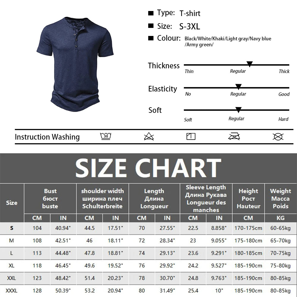 Henley Collar Summer Men's Casual Solid Color O-Neck Short Sleeve Men Thin T-shirts Soft Home Clothes Basic T-shirt Male