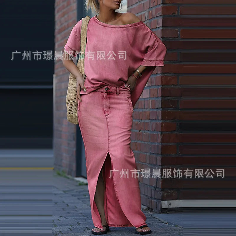 Denim Blue Fashion Split Skirt 2 Piece Set Casual Loose Off-the-shoulder Top + Slim Elegant Pencil Skirt Two-piece Set Women's