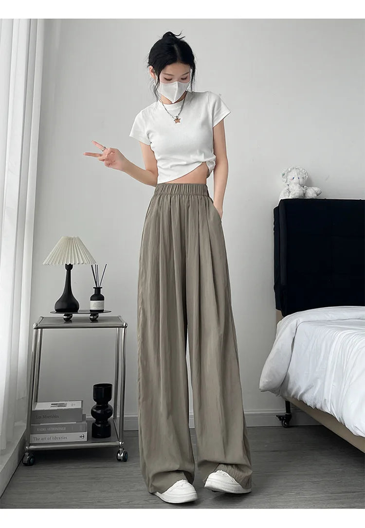 BIVIGAOS Lazy Style Loose Wide Leg Pants Women Summer Coloured Thin Casual Tide Straight Ice Silk Japanese Sunscreen Pants