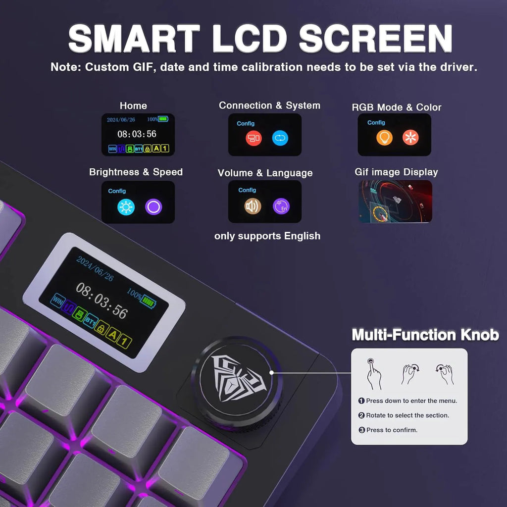 AULA S98pro Wireless Gaming Keyboard BT/USB-C/2.4G PBT Keycaps RGB Hot-swap Esports Mechanical Keyboard with Multi-function Knob
