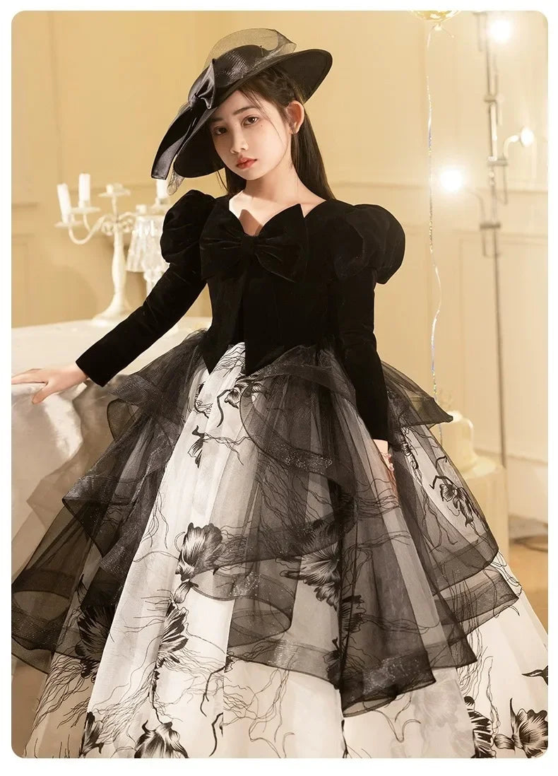 Girls' Spring Dress 3-14y Sweet Girls Floral Puff Long Sleeve PrincessCostumes Vestidos Dresses Kid's Clothes Children's Mes