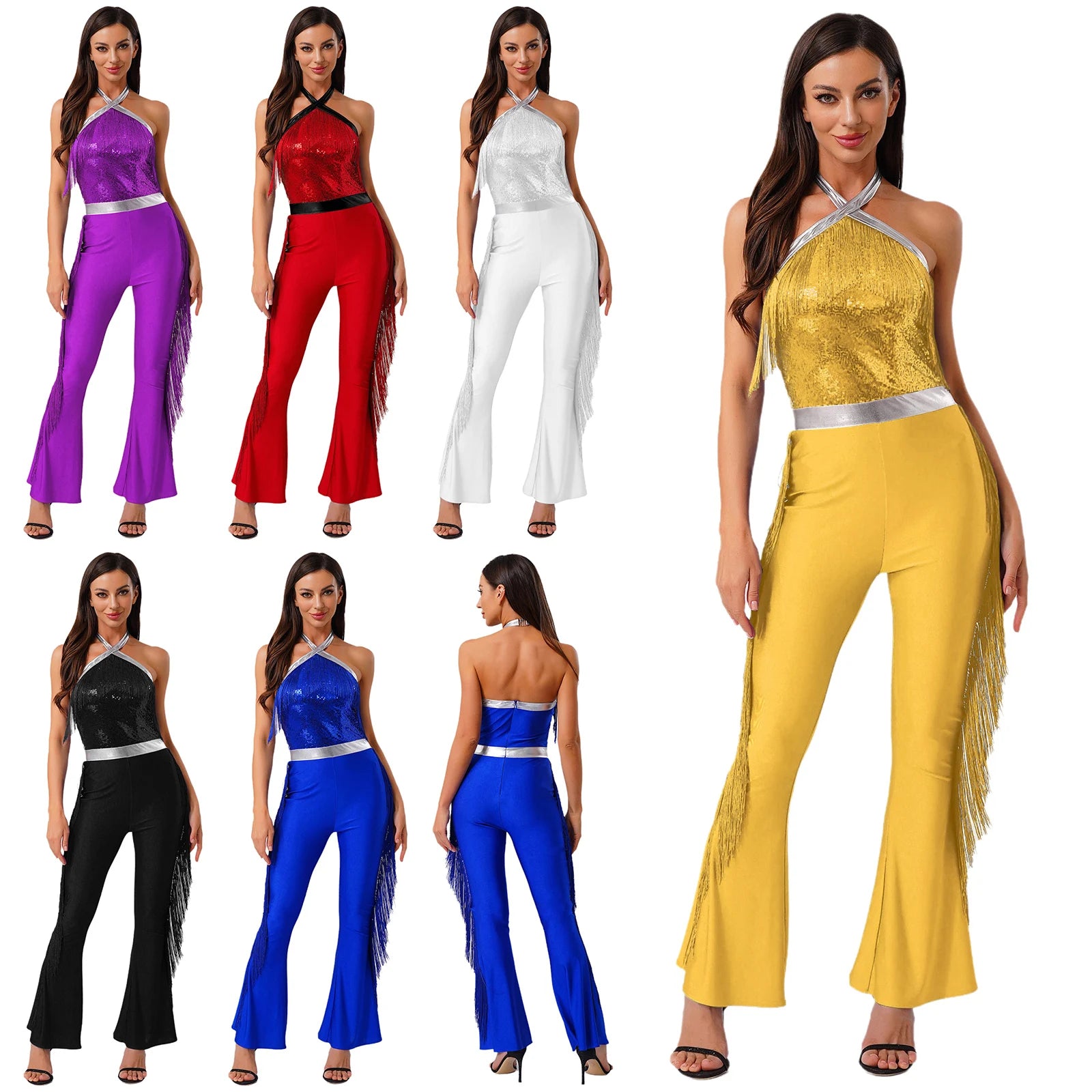Womens 70s Disco Party Jumpsuit Halter Shiny Sequins Tassel Flared Pants Latin Jazz Dance Rompers Rave Festival Prom Clubwear