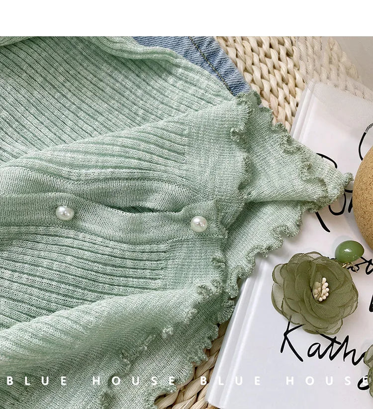 2026 Spring Summer Gentle Ruffle Trim Long Sleeve Ice Silk Sunscreen Knitted Cardigan Women Short Pearl Button Thin Casual Coat