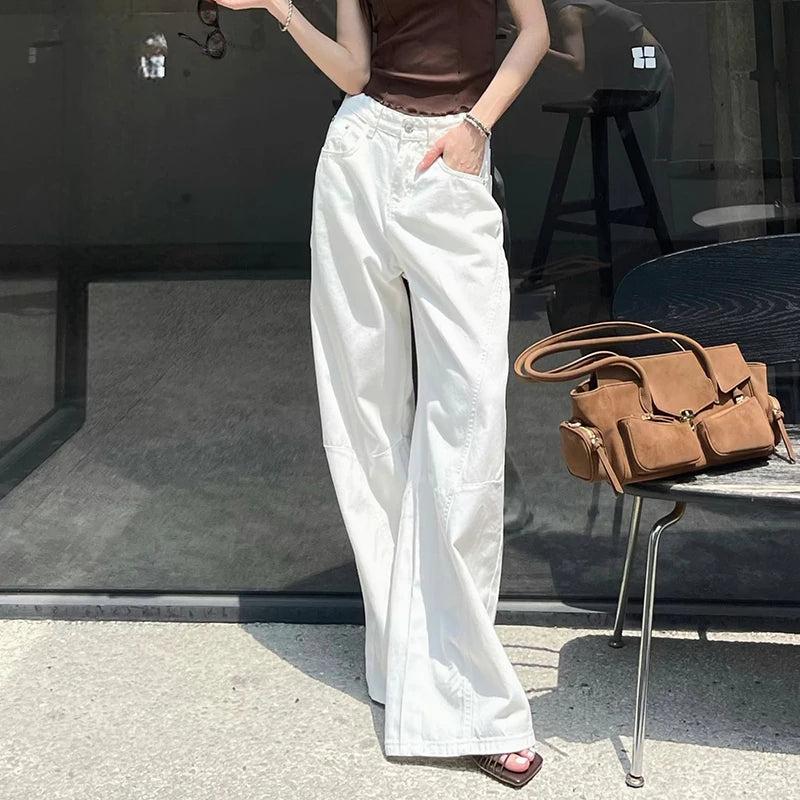 KSTUN 2025 Summer New Women's White Jeans Low Waist Wide Leg Jeans Denim Pants Losoe Fitness Girls Casual Dragging Pants Striped