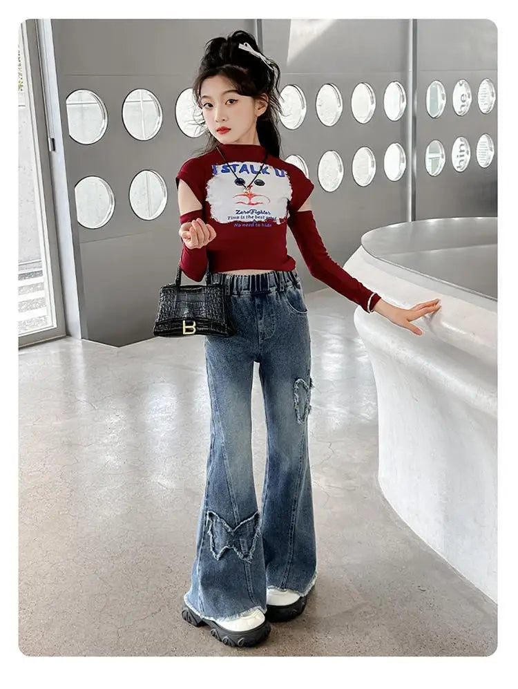 New Junior Girls Denim Pants Ins Bow Patchwork Children Girls Flared Pant Loose Elastic Waist Casual 4-14Y School Girls Trousers