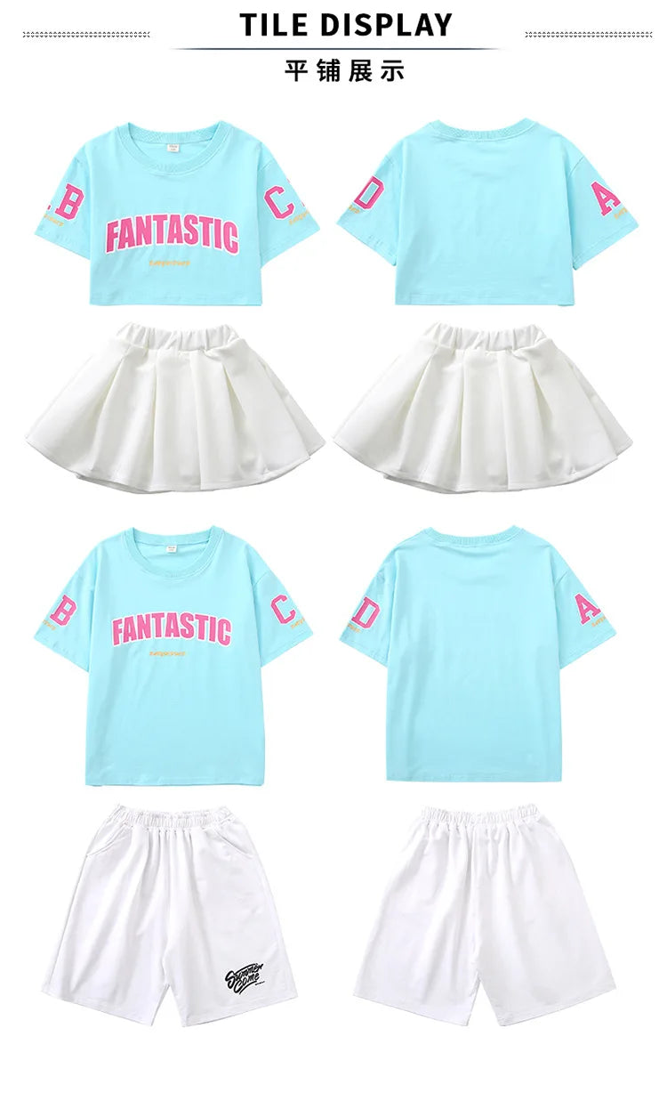 Boys Street Dance Blue T-shirt Shorts Girls Hip Hop Crop Top Skirt Outfits Kids Summer Costume Clothes Sets Children Streetwear