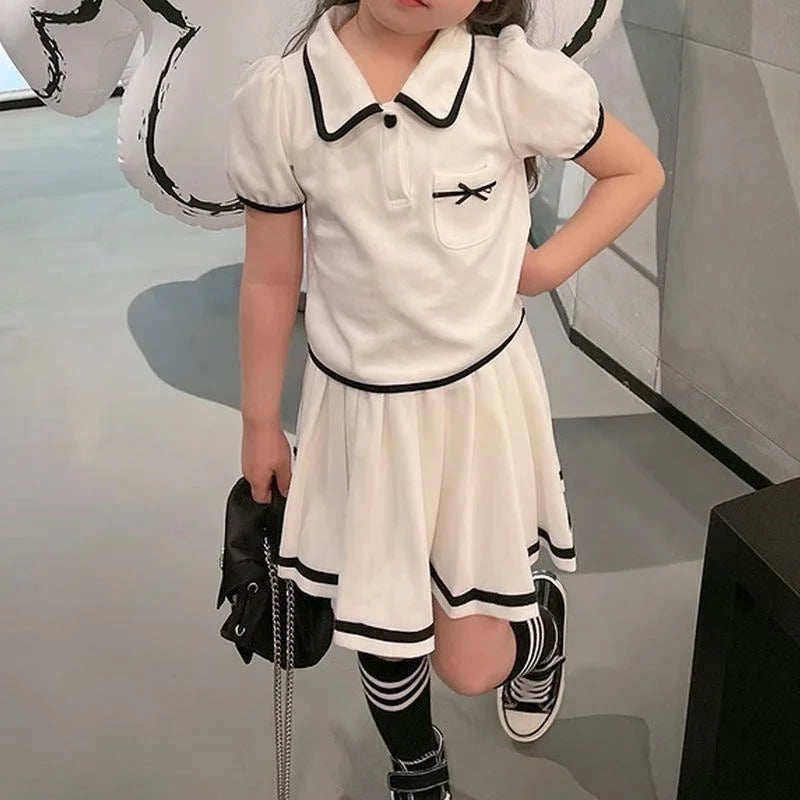 New Girls Skirt Sets Summer Children T-Shirt Suits Kids Short Sleeves 2Pcs Teen Fashion Sweet JK Outfits 5-14 Years