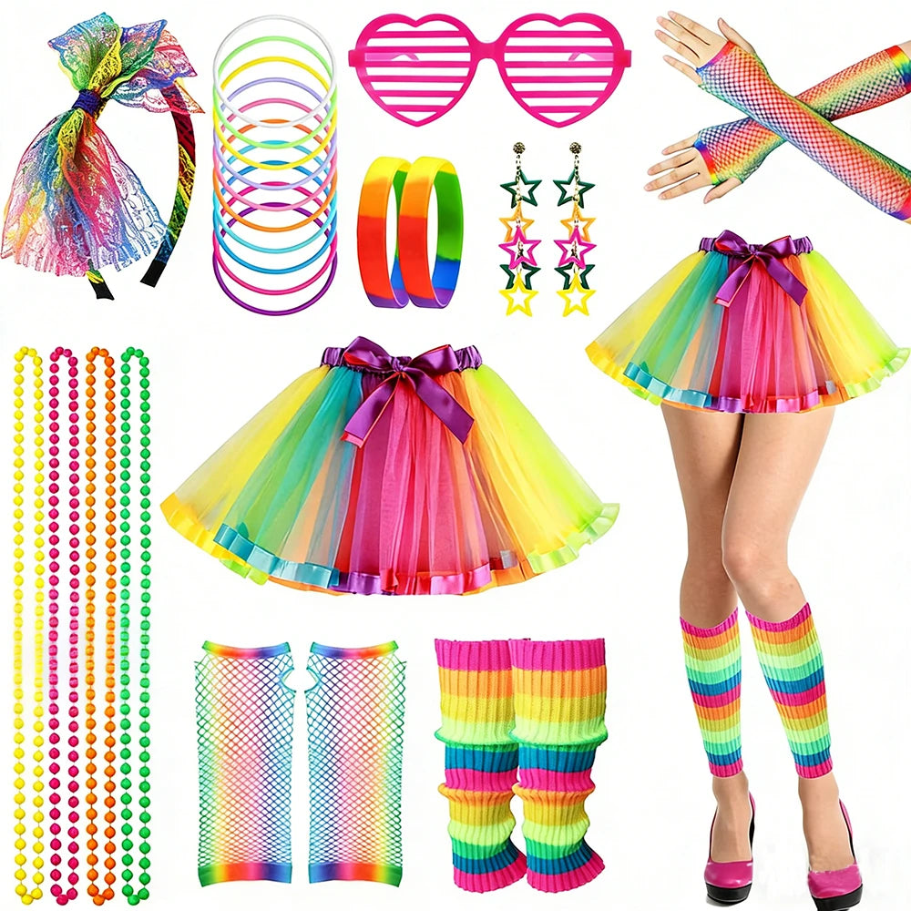 1980S Glittering Apparel Rainbow-Themed Accessories 70S Rainbow Ballet Skirt Headpieces Gloves Necklaces Carnival Halloween Sets