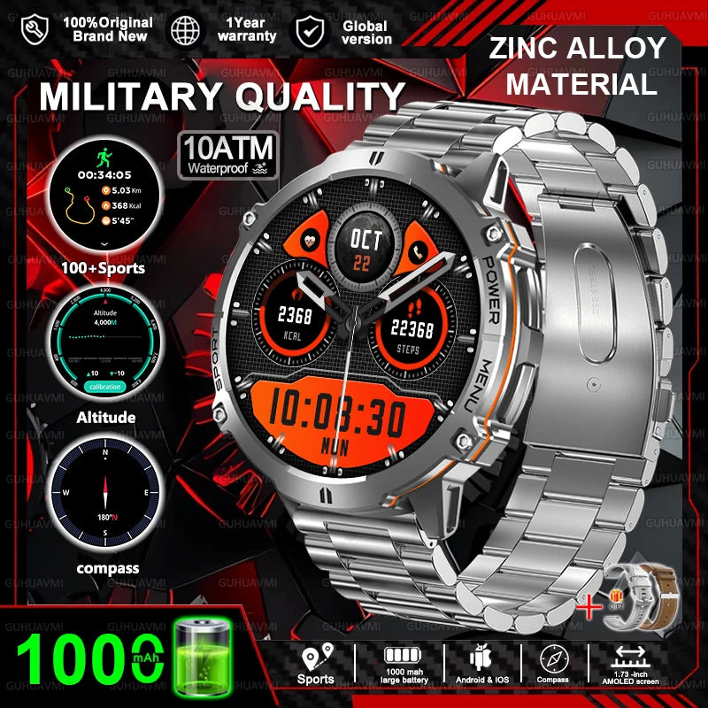 New Outdoor Military Smart Watch Men 1.73" AMOLED IP69K 10ATM Waterproof Compass 1000mAh Super Large Battery HD Call Watches Men