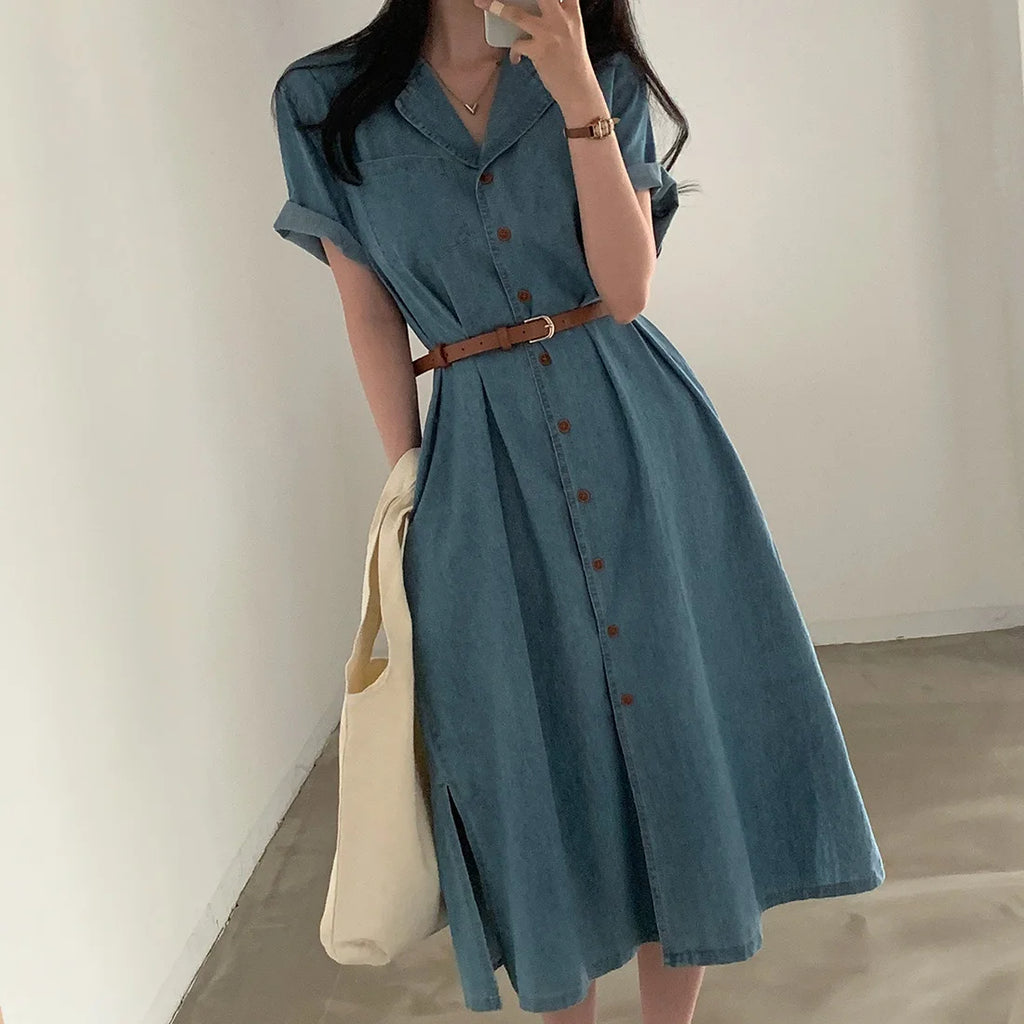 Slimming Chic Retro Chic Long Dr with Belt High Waist A-Line Skirt ort Sve Korean Sle Commute Dr Denim Dr