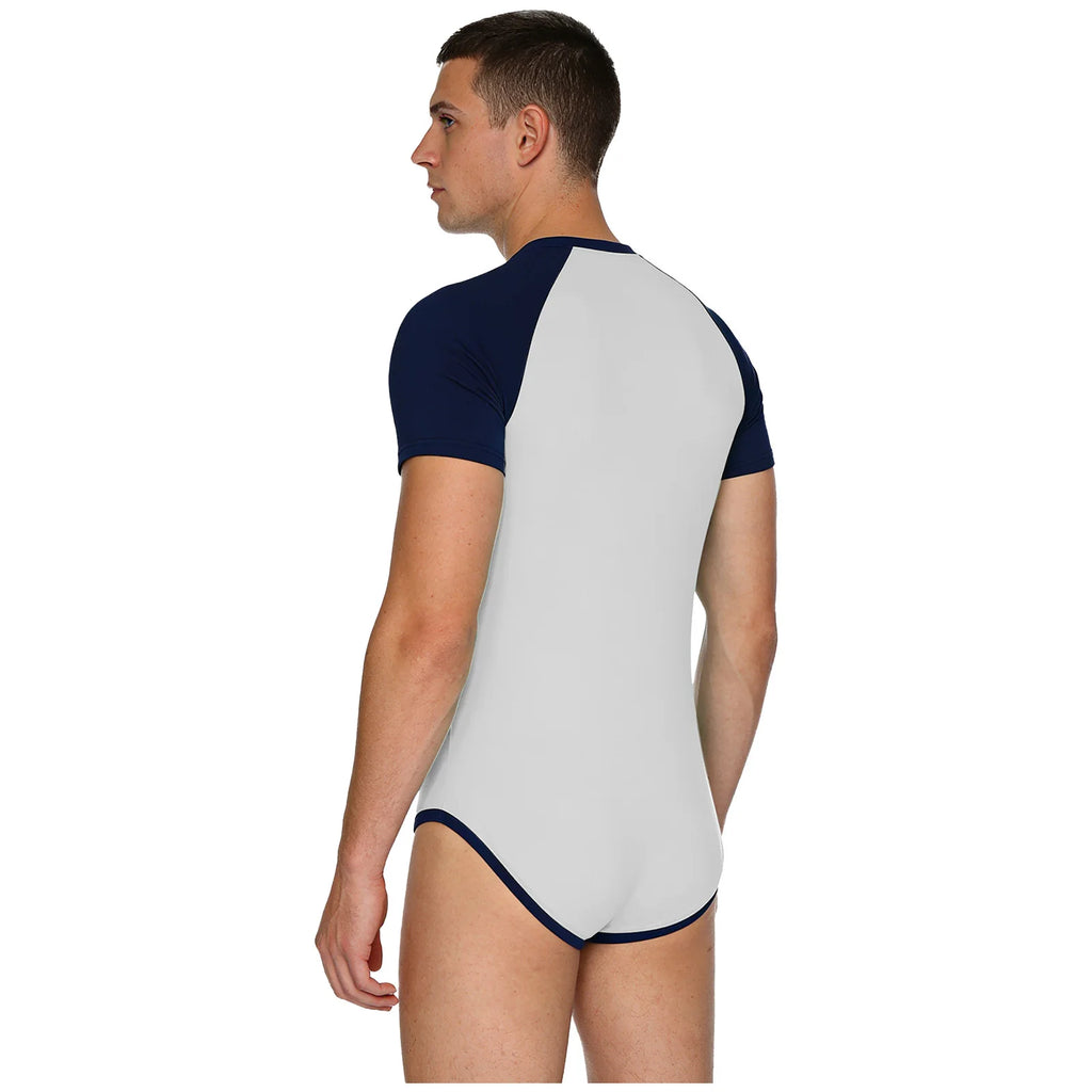 Men Workout Fitness Gym Sport Bodysuit Short Sleeve Openable Crotch Patchwork Jumpsuit for Workout Gym Sports Swimming Outfits