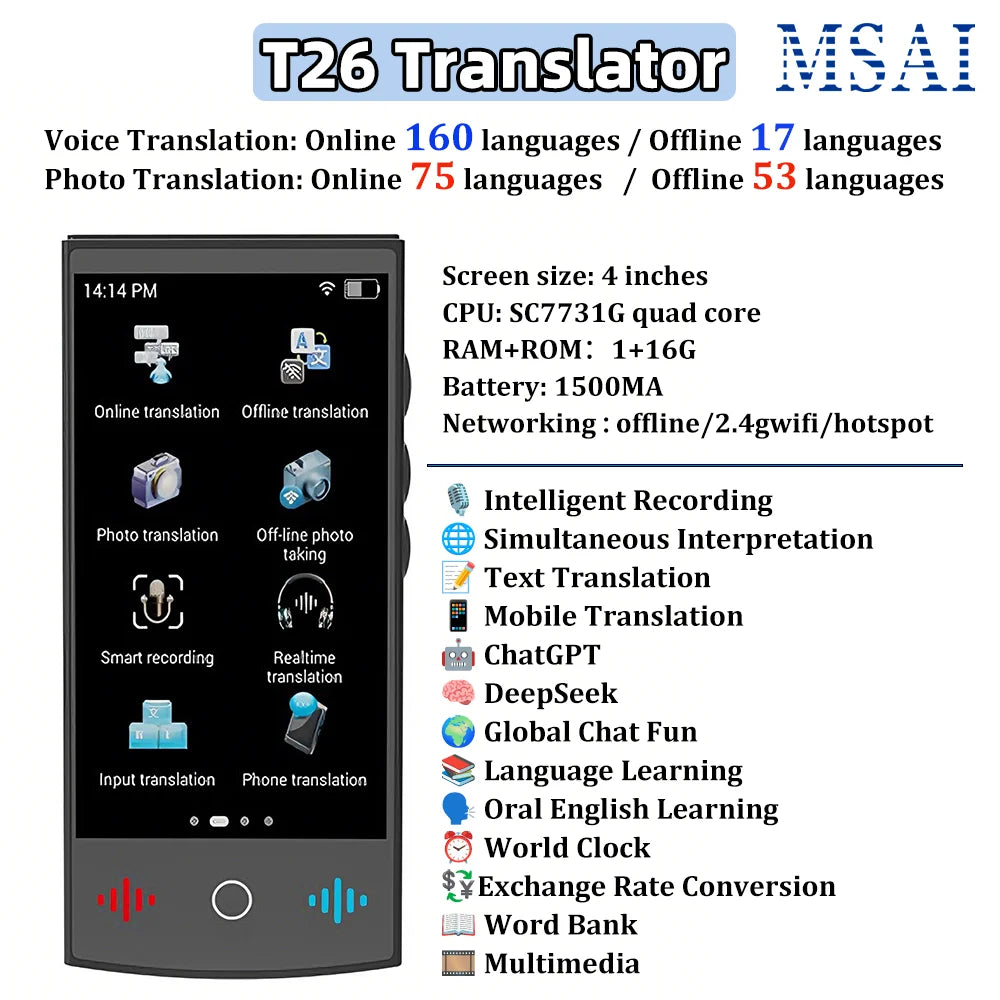 2026 New AI Travel Translator T26 ChatGPT 160 Languages Professional Business Voice Translation Real-time for Corporate Trip