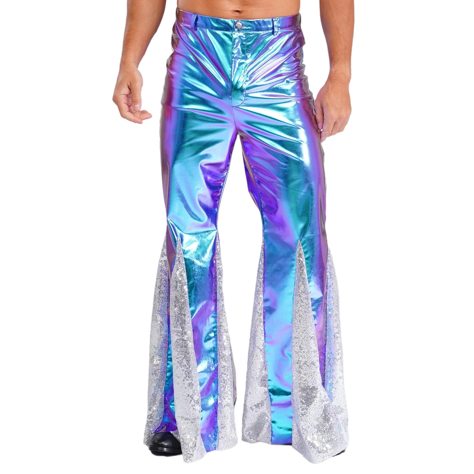 Mens Shiny Metallic 70s Disco Pants Hippie Vintage Costume Dance Party Sequins Bell Bottoms Stage Performance Flared Pants