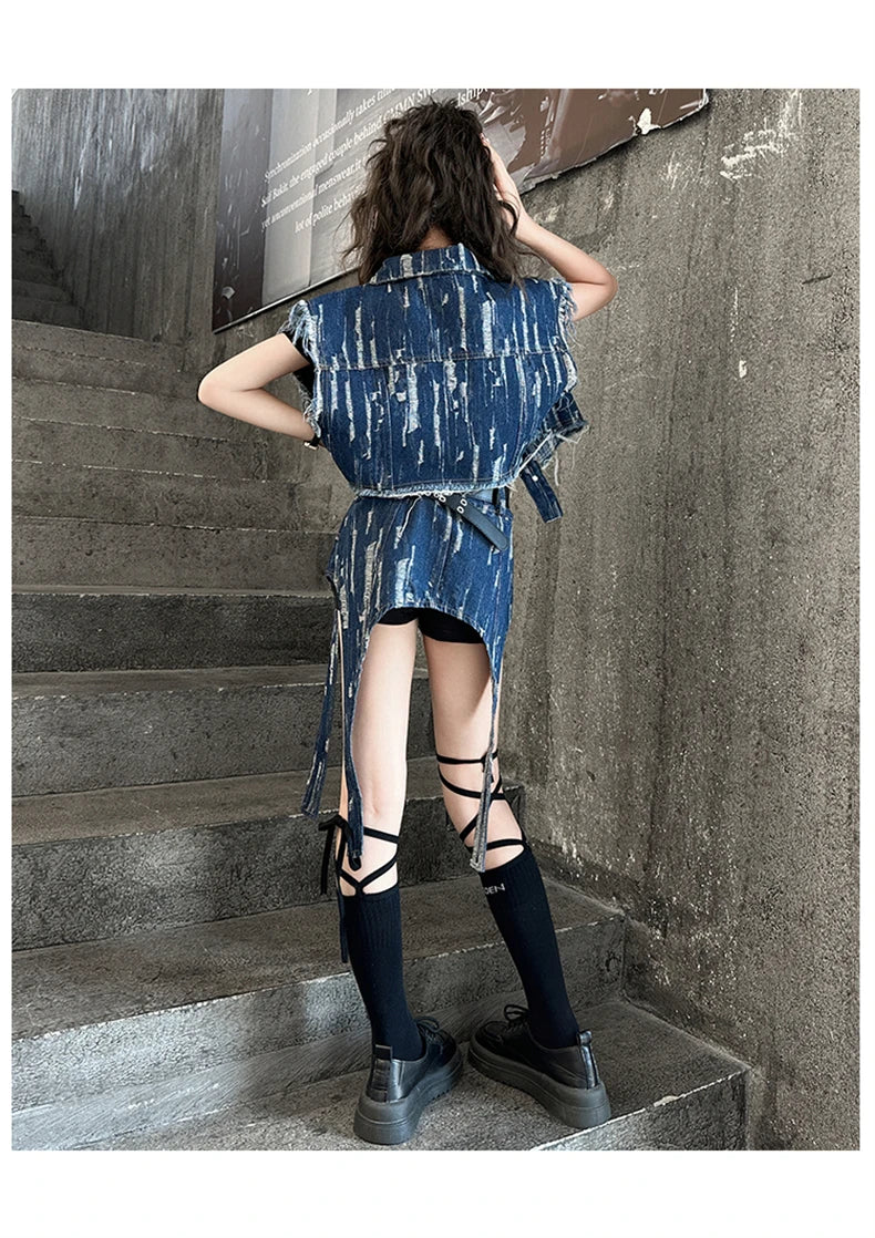 junior Girls Street Jazz Dance Set short denim vest jacket+Irregular skirt black top shorts belt teen girls clothes suit outfits