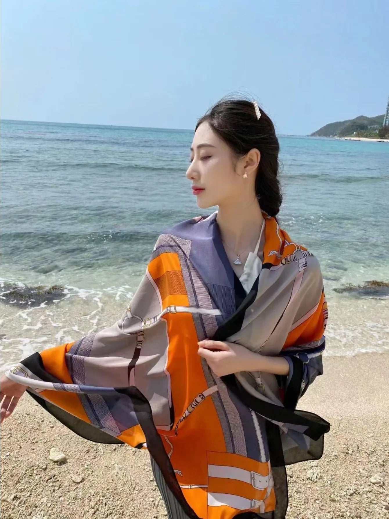 New Silk Long Scarf Women Luxury Shawls Design Sunscreen Outdoor Beach Towel Large Shawl Plain Soft Turban Headband Shawl Beach