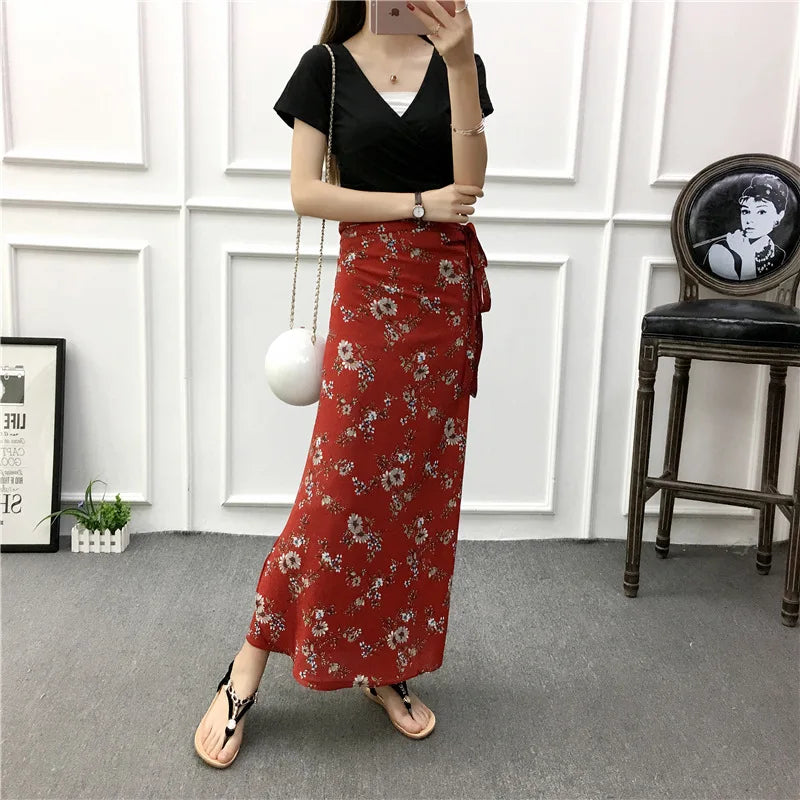 Vacation Style Wrap Skirt Beachside Long Skirt Women's High Waist A-Line Midi Skirt Floral Print One-Piece Summer Spring