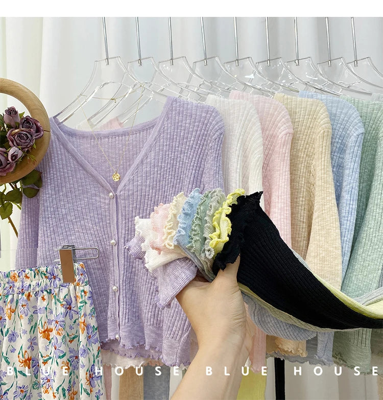 2026 Spring Summer Gentle Ruffle Trim Long Sleeve Ice Silk Sunscreen Knitted Cardigan Women Short Pearl Button Thin Casual Coat