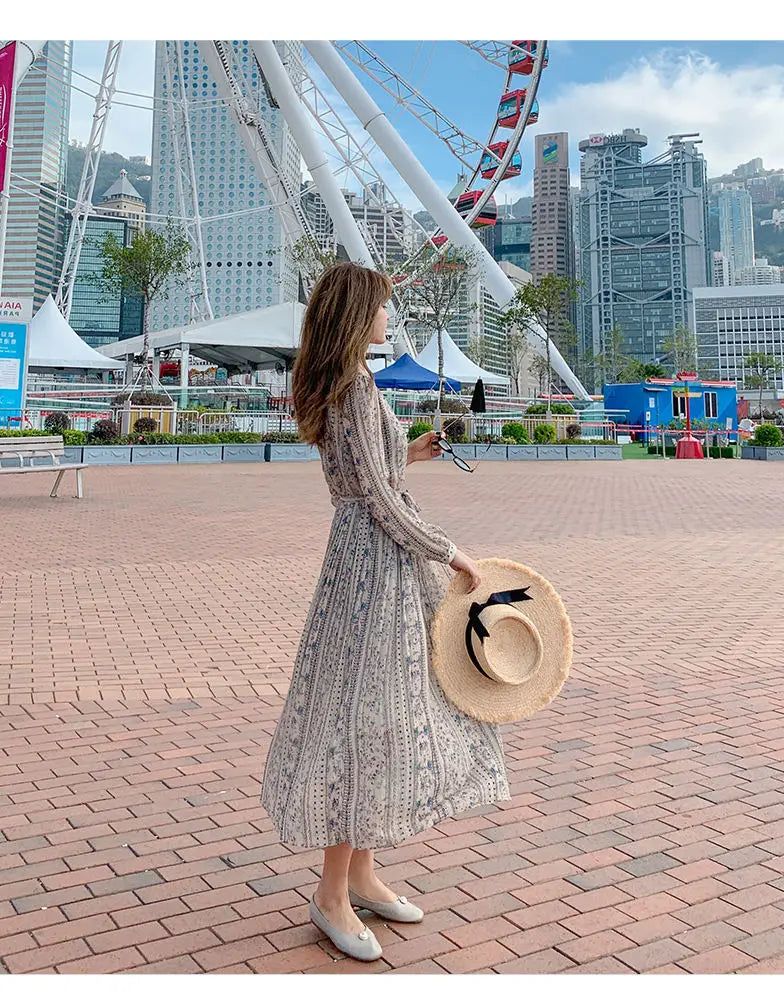 Retro Dress Spring Summer Long Sleeve Floral Chiffon High Waist Court Over Knee Popular Inside Women's Dress 2022Vestidos Office