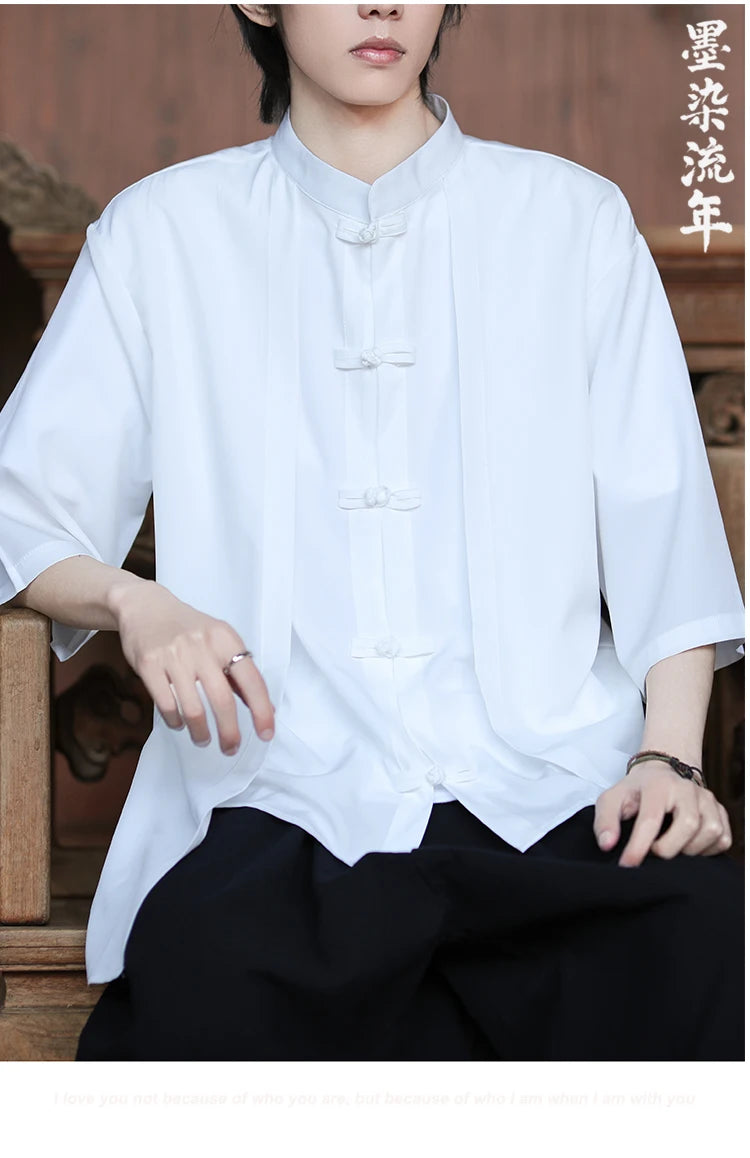 Chinese Shirt Men Ice Silk Chinese Style Comfortable Breathable Retro Shirt  Men Casual Summer Loose Fit Fashion Solid Color Top