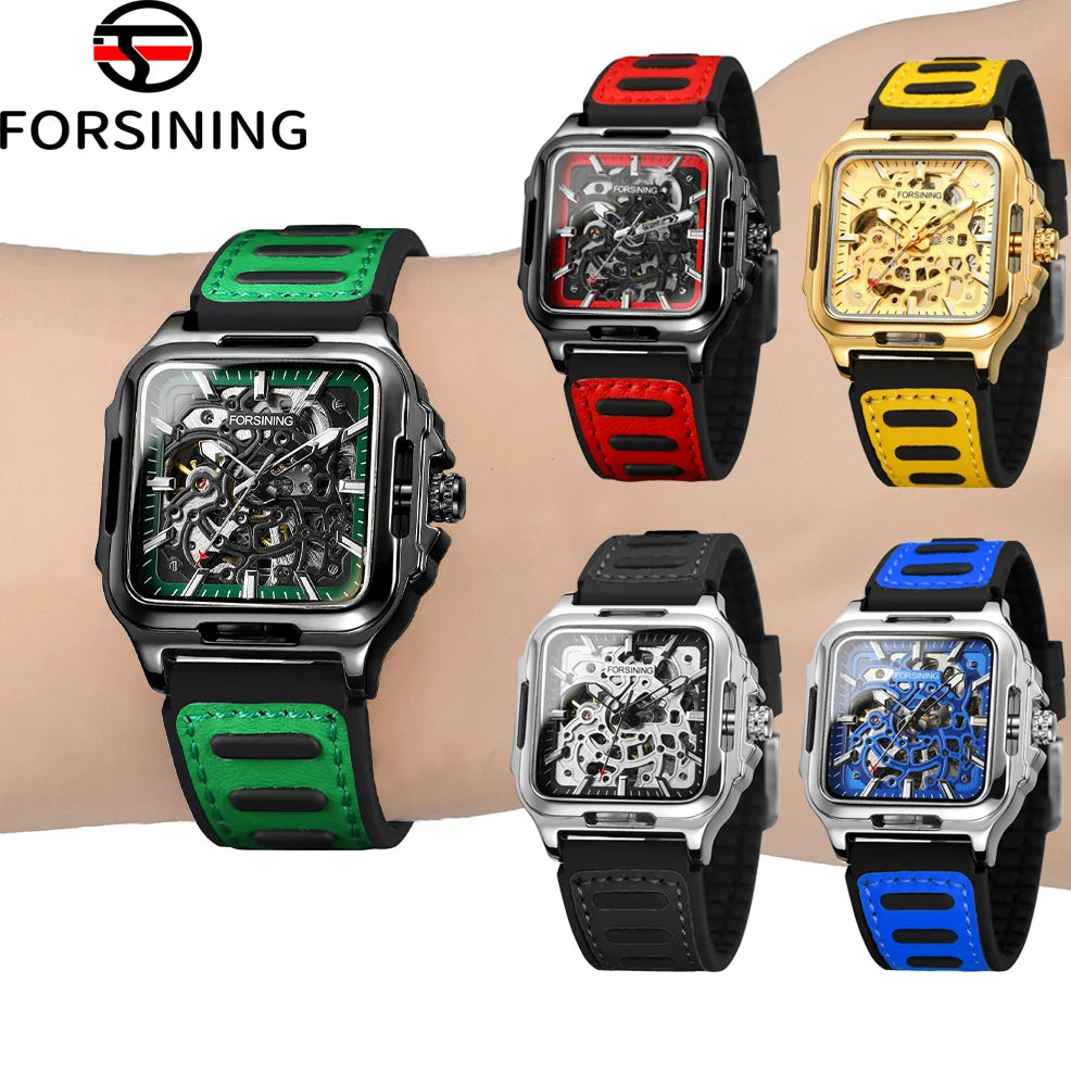 FORSINING Original Square Skeleton Mechanical Man Wristwatches Automatic Movement Field Sports Waterproof Silicone Replica Watch