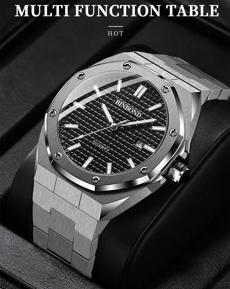 BINBOND 0233 Luxury Fashion Men's Quartz Watch Stainless Steel Large Dial Waterproof Night Light Men's Watch Clock