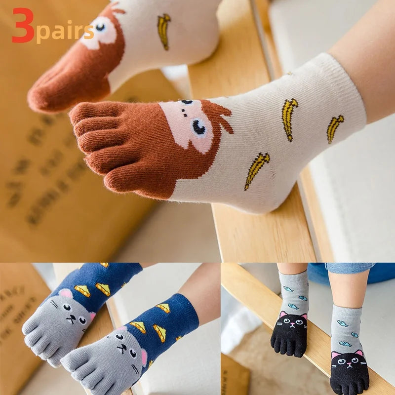 3Pairs/lot Children's Socks For Girls Boys Cute Soft Five Fingers Print Cartoon Kids Baby Boy Girl Sock 3-12Years Four Seasons