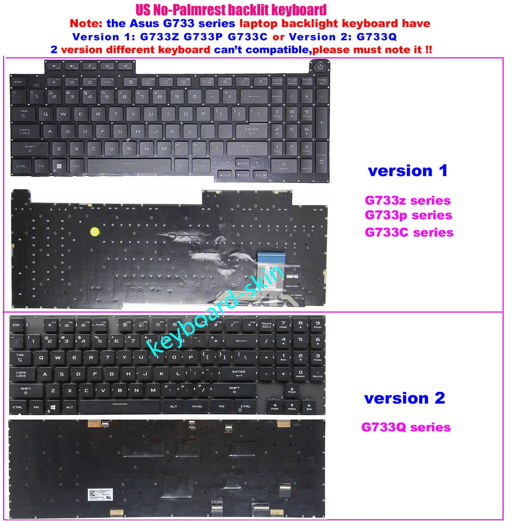 New US Backlit No-Palmrest Keyboard For ASUS ROG G17 G733Q G733QS G733QR G733QSA G733Z G733ZW G733ZX G733P G733PZ G733C G733CX