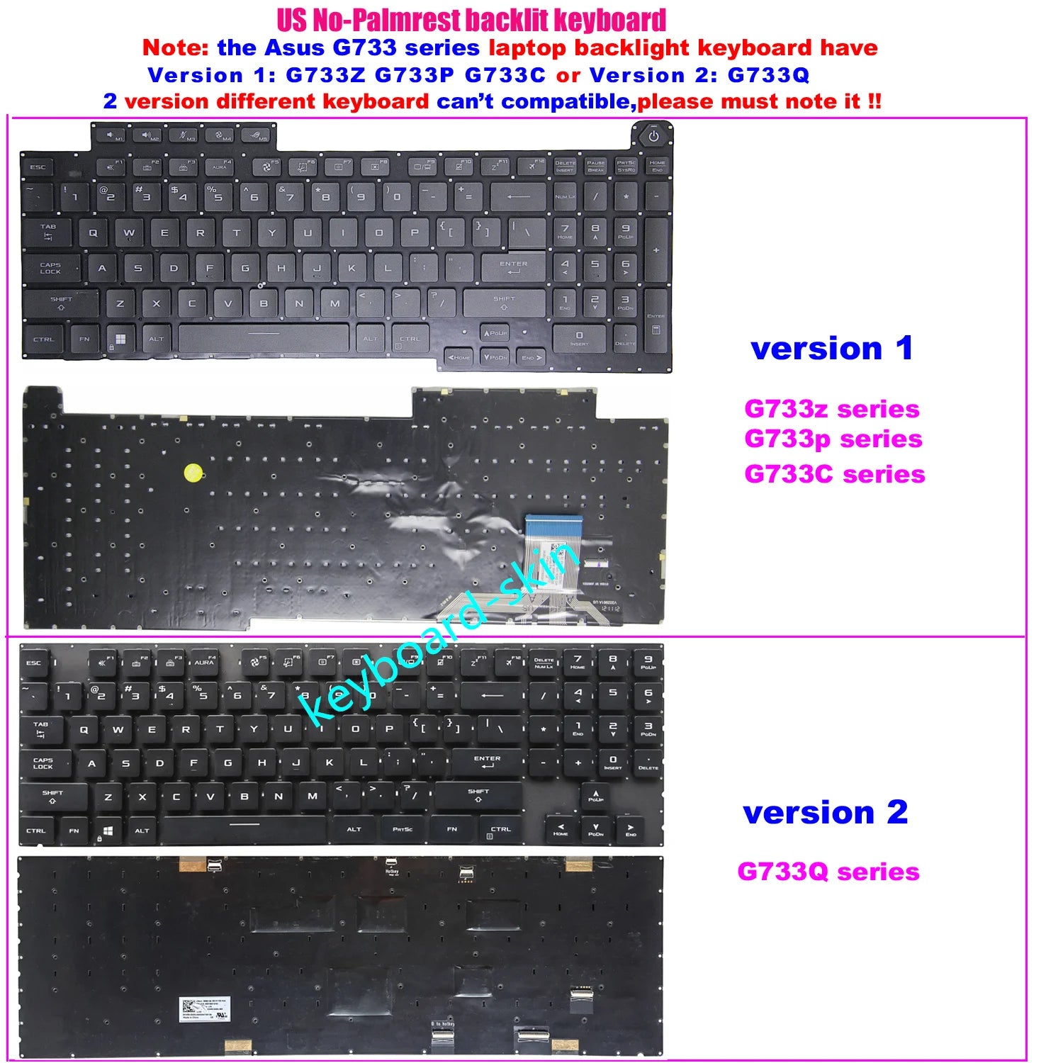 New US Backlit No-Palmrest Keyboard For ASUS ROG G17 G733Q G733QS G733QR G733QSA G733Z G733ZW G733ZX G733P G733PZ G733C G733CX