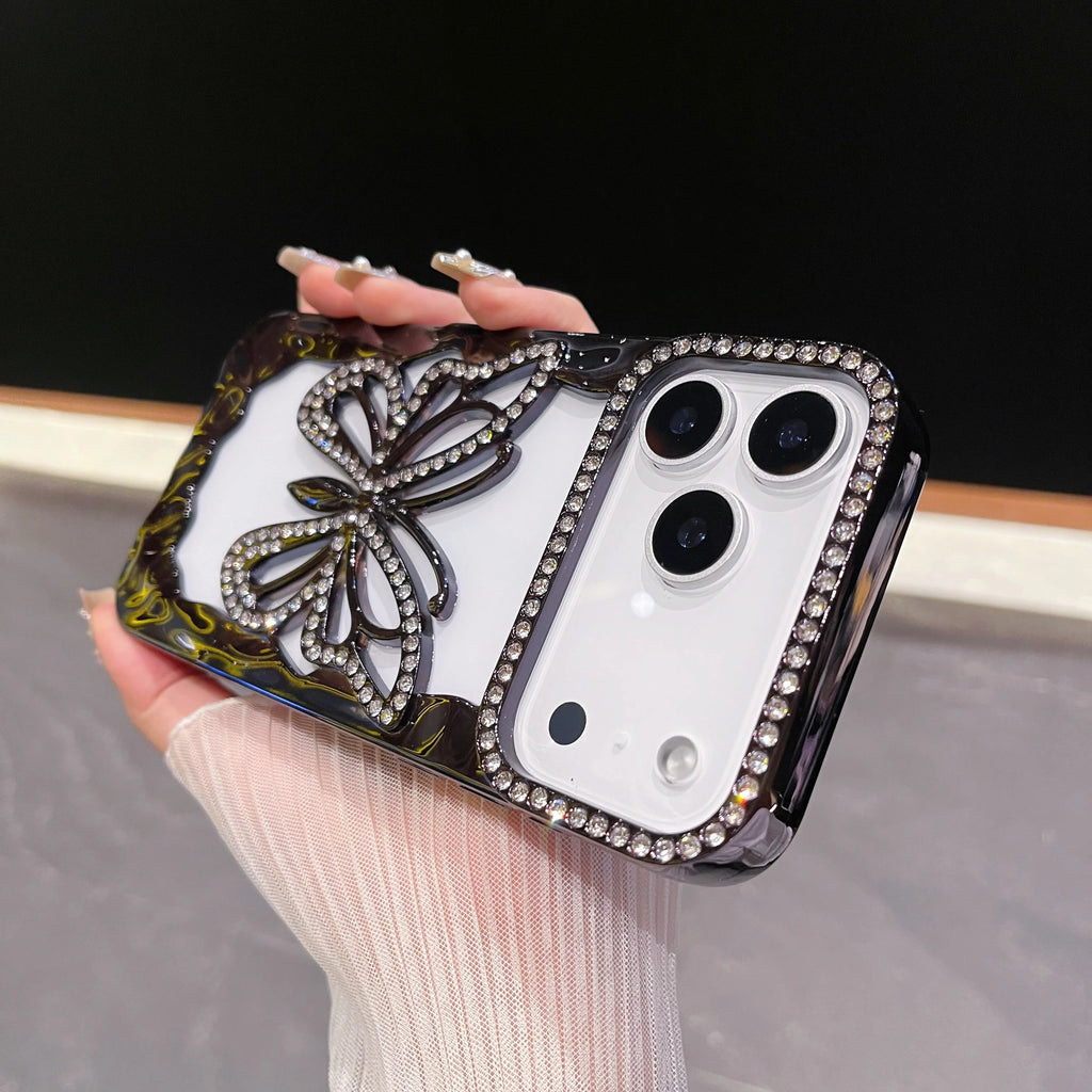 Bling Diamond Hollow Butterfly Phone Case For iPhone 17 Air 16 15 14 Plus 13 12 11 Pro Max Plating Glitter Shockproof Soft Cover
