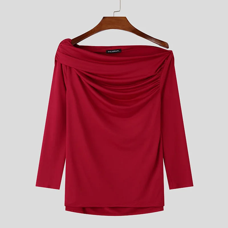 Sexy Fashion Style Tops INCERUN Men's Solid One-shoulder T-shirt Casual Clubwear Male Hot Sale Long Sleeved Camiseta S-5XL 2024