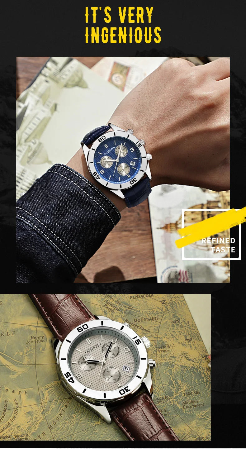 OCHSTIN Men's Watches Top Brand Sport Men Wrist Watch Leather Quartz Watch Sports Waterproof Male Clock Chronograph Function