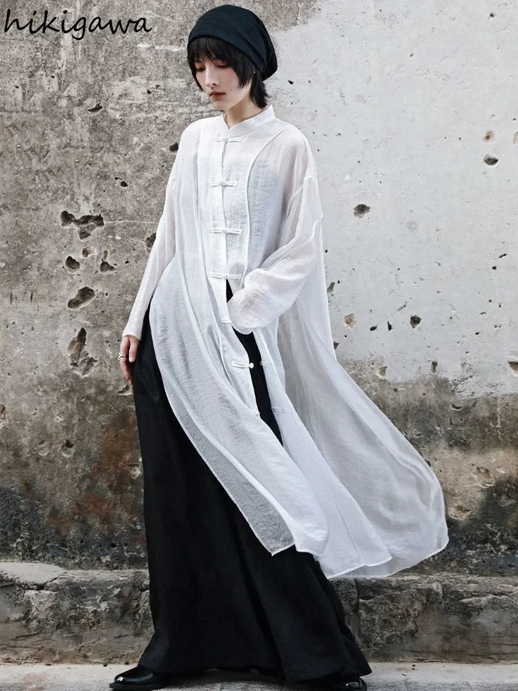 Chinese Style Vintage Blouse for Women Stand Neck Long Sleeve Shirts Split See Throught Casual Blusas De Mujer Oversized Tops
