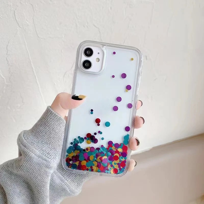 Sequins Transparent Liquid Phone Cover for iPhone 15 14 16 Pro Max Case Shell Dynamic Floating Dots Hard Funda Quicksand Carcasa