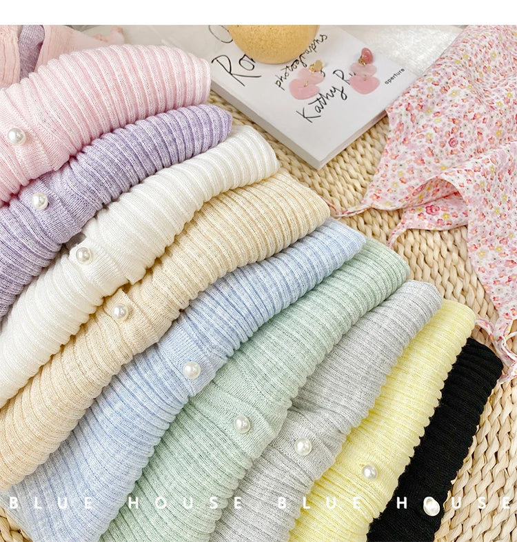 Women 2026 Spring Summer Short Pearl Button Thin Casual Coat Gentle Ruffle Trim Long Sleeve Ice Silk Sunscreen Knitted Cardigan