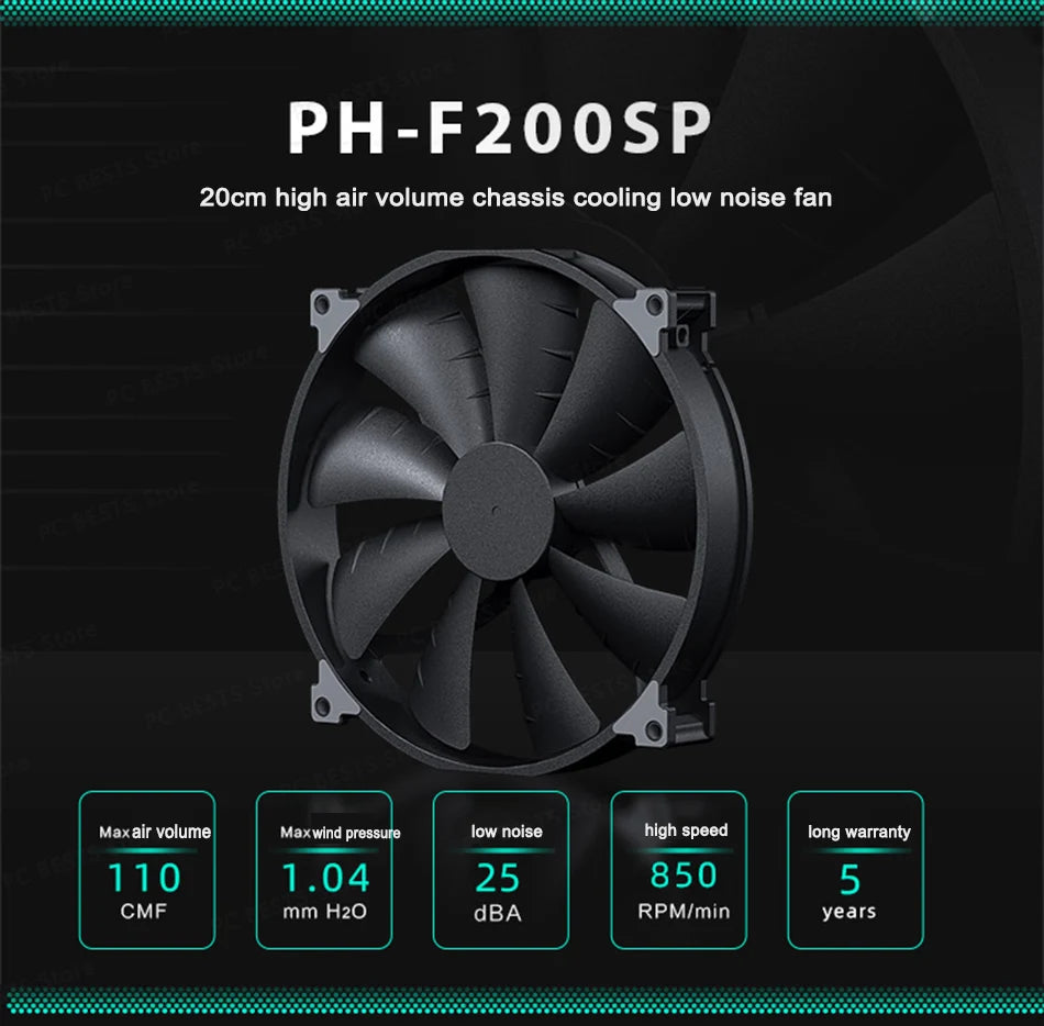 Phanteks F200SP Case Fan 200mm High-volume Black Chassis Cooling fan 4PIN 30mm Thickened Quiet Cooler pc cpu Cooling Fan