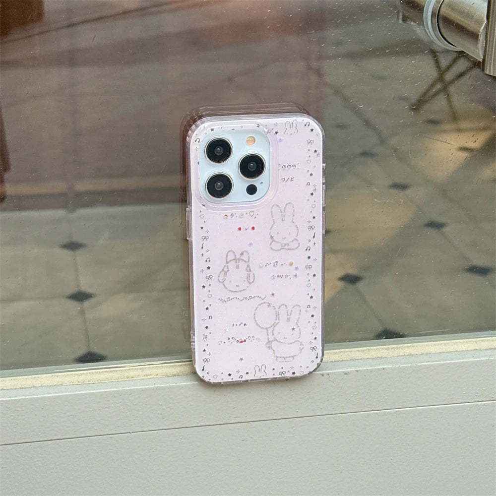 Luxury Glitter Pink Case For iPhone 13 12 11 14 15 16 Pro Max 16 Plus Cartoon Bling Transparent Shockproof Hard PC Bumper Cover