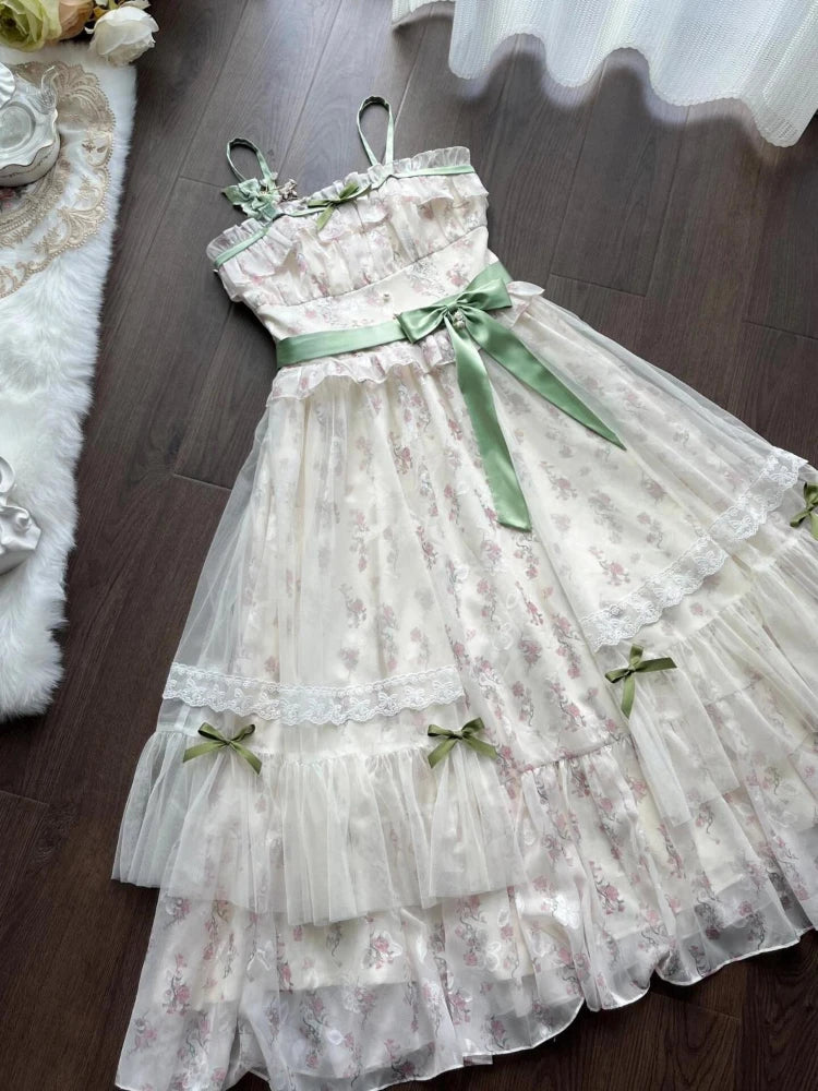 Design Sweet Summer Sling Dress 2-piece Set Women Fashion France Bow Lace Print Fairy Dresses Elegant Chic New Sunscreen Shirt